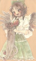Rule 34 | 1girl, :d, animal, bird wings, black cat, blush, bow, brown background, brown eyes, brown hair, brown wings, cape, cat, collared shirt, commentary request, cowboy shot, frilled shirt collar, frilled skirt, frills, green bow, green skirt, hair bow, highres, holding, holding animal, holding cat, kaenbyou rin, kaenbyou rin (cat), long hair, longcat (meme), medium bangs, meme, nekomata, open mouth, puffy short sleeves, puffy sleeves, red bow, reiuji utsuho, sasa6666s, shirt, short sleeves, simple background, skirt, smile, solo, tail, tail bow, tail ornament, third eye, touhou, white cape, white shirt, wings