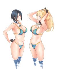 Rule 34 | 2girls, adjusting clothes, adjusting swimsuit, arms behind head, ascot, atago (kancolle), bikini, black hair, black legwear, blonde hair, blue bikini, blue eyes, bow, bowtie, breasts, choker, cleavage, closed mouth, commentary request, frilled choker, frills, frown, highres, kantai collection, large breasts, long hair, looking at viewer, multiple girls, navel, ponytail, red eyes, smile, sowitchraw (cellphiena), swimsuit, takao (kancolle), wading, wet, white background, white neckwear