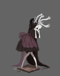1girl absurdly_long_hair apron artist_name back_bow black_dress black_hair black_skin body_horror bow colored_skin dress eldritch_abomination extra_hands faceless faceless_female full_body grey_background hole_in_face hole_in_head horror_(theme) long_hair long_sleeves looking_at_viewer mask missusruin no_shoes original purple_apron solo trypophobia very_long_hair white_skin wooden_floor