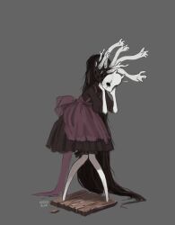 Rule 34 | 1girl, absurdly long hair, apron, artist name, back bow, black dress, black hair, black skin, body horror, bow, colored skin, dress, eldritch abomination, extra hands, faceless, faceless female, full body, grey background, hole in face, hole in head, horror (theme), long hair, long sleeves, looking at viewer, mask, missusruin, no shoes, original, purple apron, solo, trypophobia, very long hair, white skin, wooden floor