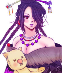 Rule 34 | 00s, 1girl, bare shoulders, braid, breasts, cleavage, doll, dress, eyeshadow, female focus, final fantasy, final fantasy x, hair ornament, hair over one eye, jewelry, long hair, lowres, lulu (ff10), makeup, mole, moogle, necklace, purple hair, purple lips, red eyes, sayusyouyu, simple background, solo, white background