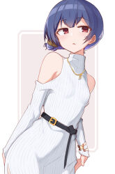 Rule 34 | 1girl, azu ankoowl, bare shoulders, belt, black belt, blue hair, blush, bracelet, breasts, clothing cutout, dot nose, dress, grid background, hair bun, highres, idolmaster, idolmaster shiny colors, jewelry, light brown background, long sleeves, looking away, morino rinze, necklace, outside border, parted lips, red eyes, short hair, shoulder cutout, side slit, simple background, single hair bun, small breasts, solo, turtleneck, turtleneck dress, white background, white dress