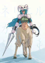 Rule 34 | 1girl, absurdres, arrancar, black gloves, bleach, breasts, centaur, character name, closed mouth, commentary request, crop top, dark skin, elbow gloves, elbow pads, facial mark, fingerless gloves, full body, gauntlets, gloves, green eyes, green hair, green shirt, hair between eyes, highres, holding, holding polearm, holding weapon, hooves, horns, horse tail, lance, large breasts, long hair, looking at viewer, monster girl, multiple legs, navel, nelliel tu odelschwanck, polearm, rinjirou (spru4728), shadow, shirt, shoulder pads, sidelocks, skull, skull on head, solo, standing, stomach, tail, taur, toned, torn clothes, torn shirt, weapon, white fur, yellow eyes