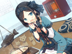 Rule 34 | 1girl, :d, ainu clothes, ayakashi kyoushuutan, bead necklace, beads, black hair, blue eyes, blue legwear, blush, breath, calendar (object), cura, cushion, dutch angle, fish, gloves, hands up, headband, heater, highres, indoors, irori (hearth), jewelry, jizaikagi, kerosene heater, layered sleeves, long sleeves, looking at viewer, nabe, necklace, official art, on floor, open mouth, palopolo, parted bangs, pot, seiza, short hair, short over long sleeves, short sleeves, sitting, smile, solo, steam, stew, zabuton