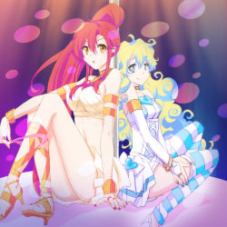 Rule 34 | + +, 2girls, alternate costume, aqua nails, armlet, blonde hair, blue eyes, blue hair, blue nails, bracelet, bridal gauntlets, choker, collarbone, company connection, corset, cosplay, creator connection, cross-shaped pupils, crossover, feet, gainax, high heels, highres, hisui (paingumi), jewelry, lots of jewelry, midriff, multicolored hair, multiple girls, nail polish, nia teppelin, panties, panty &amp; stocking with garterbelt, panty (cosplay), panty (psg), panty (psg) (cosplay), pink nails, ponytail, red hair, red nails, sandals, shoes, sitting, smile, stocking (cosplay), stocking (psg), stocking (psg) (cosplay), striped clothes, striped thighhighs, symbol-shaped pupils, tengen toppa gurren lagann, thighhighs, toes, two-tone hair, underwear, yellow eyes, yoko littner