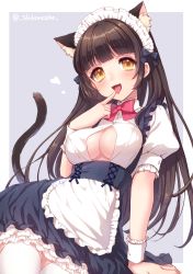 Rule 34 | 1girl, absurdres, animal ears, apron, arm support, black hair, blue background, bow, bowtie, breasts, cat ears, cat tail, cleavage cutout, clothing cutout, covered erect nipples, dress, earrings, eyebrows, fang, finger to mouth, frilled dress, frills, hair bow, heart, highres, jewelry, long hair, maid, maid apron, maid headdress, medium breasts, open mouth, orange eyes, original, puffy short sleeves, puffy sleeves, sakura shiho (shihoncake), short sleeves, simple background, solo, tail, thighhighs, tongue, tongue out, twitter username, underbust, white thighhighs, wrist cuffs