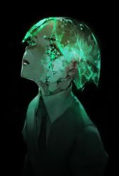 Rule 34 | 1other, amo (silent bomb19), androgynous, bad id, bad tumblr id, black background, black necktie, blouse, closed mouth, collared shirt, crack, dark, eyelashes, formal, gem, glowing, glowing hair, green eyes, green hair, houseki no kuni, looking up, necktie, parted bangs, phosphophyllite, shirt, short hair, simple background, solo, suit, upper body, vest, white shirt