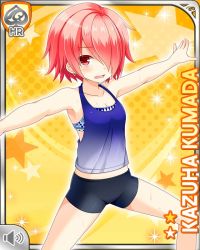 Rule 34 | 1girl, black shorts, card (medium), character name, collarbone, girlfriend (kari), kumada kazuha, looking at viewer, matching hair/eyes, midriff, official art, open mouth, outstretched arms, qp:flapper, red eyes, red hair, short hair, shorts, solo, sports bra, spread legs, tagme, tank top, thighs, workout clothes, yellow background, yoga