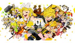 Rule 34 | 6+boys, 6+girls, aqua eyes, bad id, bad twitter id, bass clef, blonde hair, blue background, blue eyes, border, bow, brother and sister, character request, checkered clothes, checkered shirt, closed eyes, collared shirt, confetti, detached sleeves, drawing sword, foreground text, hair bow, hair ornament, hairclip, hat, headset, highres, holding, holding hands, holding sword, holding weapon, kagamine len, kagamine len (vocaloid4), kagamine rin, kagamine rin (vocaloid4), leg warmers, letterboxed, multiple boys, multiple girls, multiple persona, necktie, open mouth, sailor collar, satou asuka, shirt, short shorts, shorts, shoulder tattoo, siblings, smile, steamroller, swept bangs, sword, tattoo, top hat, treble clef, twins, vocaloid, weapon, white background, white border, yellow necktie