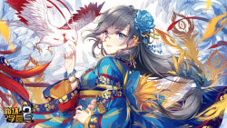 Rule 34 | 1girl, absurdres, benghuai xueyuan, bird, black hair, blue eyes, blue flower, bracelet, breasts, copyright name, earrings, flower, fu hua, hair between eyes, hair flower, hair ornament, hand on own hip, highres, honkai (series), japanese clothes, jewelry, jingwei (bird), kimono, logo, long hair, long sleeves, looking at viewer, looking to the side, monocle, official art, phoenix, ponytail, second-party source, small breasts, smile, solo