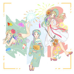 1girl animal_print arm_support bikini cone_horns dress eyelashes fireworks floating_hair flower full_body green_kimono hair_flower hair_ornament hand_fan hat hat_flower hibiscus highres holding holding_fan holding_flower horns japanese_clothes kimono long_hair looking_at_viewer lum lying multiple_views on_stomach one_eye_closed orange_bikini orange_eyes print_sash sandals sash shirayujk sidelocks straw_hat sundress sunflower swimsuit the_pose tiger_print urusei_yatsura white_dress