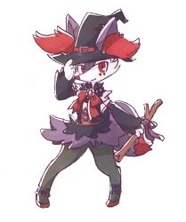 Rule 34 | 1girl, adjusting clothes, adjusting headwear, alternate color, animal ears, animal hands, aquacua, arm up, artist name, black hat, bow, braixen, claws, creatures (company), detached sleeves, feet, female focus, fox ears, fox tail, full body, furry, furry female, game freak, gen 6 pokemon, hat, highres, legs apart, looking at viewer, nintendo, pigeon-toed, pokemon, pokemon (creature), pokemon xy, purple ribbon, red bow, red eyes, red footwear, ribbon, shiny pokemon, shoes, signature, simple background, smile, solo, standing, stick, tail, text focus, white background, witch hat