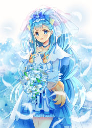 Rule 34 | 1girl, absurdly long hair, blue bow, blue eyes, blue flower, blue hair, blue skirt, blush, bouquet, bow, cowboy shot, cure ange, cure ange (cheerful style), detached collar, flower, hair bow, highres, holding, holding bouquet, hugtto! precure, layered skirt, lazy orange, lily (flower), long hair, looking at viewer, miniskirt, open mouth, pleated skirt, precure, see-through, see-through sleeves, skirt, solo, standing, very long hair, white flower