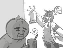Rule 34 | 1boy, 1girl, absurdres, agnes tachyon (umamusume), ahoge, animal ears, arm up, artist self-insert, cocomayo29 (tomato), commentary, cup, grey theme, hair between eyes, highres, holding, holding cup, holding test tube, horse ears, horse girl, korean commentary, korean text, lab coat, long sleeves, medium hair, messy hair, monochrome, necktie, pantyhose, right-to-left comic, short necktie, sketch, sleeves past fingers, sleeves past wrists, speech bubble, sweater, test tube, tomato, trainer (umamusume), translated, umamusume