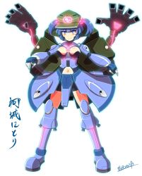 Rule 34 | 1girl, adapted costume, armor, artist name, bad id, bad pixiv id, blue eyes, blue hair, bodysuit, boots, breasts, character name, extra arms, female focus, hair bobbles, hair ornament, hat, jetpack, kawashiro nitori, kisaragi zwei, matching hair/eyes, md5 mismatch, mecha musume, medium breasts, power armor, short hair, smile, solo, text focus, touhou, twintails, two side up