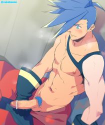 Rule 34 | 1boy, bara, blue hair, erection, galo thymos, gloves, highres, male focus, masturbation, muscular, nukobaooo, penis, promare, pubic hair, topless male, solo, tagme