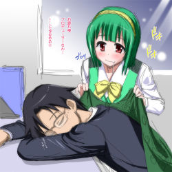 Rule 34 | 1boy, 1girl, black hair, blush, covering with blanket, drooling, glasses, green hair, hairband, idolmaster, idolmaster (classic), marugoshi teppei, otonashi kotori, producer (idolmaster), producer (idolmaster) (anime), producer (idolmaster anime), red eyes, saliva, short hair, sketch, sleeping, translation request, wavy mouth