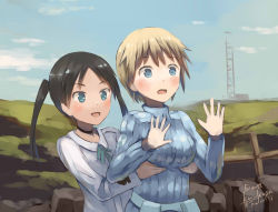 Rule 34 | 10s, 2girls, :d, artist name, belt, black hair, blonde hair, blue eyes, blue sky, brave witches, cloud, collared shirt, dated, day, francesca lucchini, grabbing, grabbing another&#039;s breast, grass, green eyes, hands up, kanokoga, landscape, military, military uniform, multiple girls, nikka edvardine katajainen, open mouth, outdoors, pouch, ribbed sweater, ribbon, rock, shirt, signature, sky, smile, strike witches, surprised, surprised arms, sweater, tower, twintails, uniform, wavy mouth, world witches series, yuri