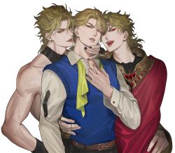 Rule 34 | 3boys, :q, black nails, blonde hair, bustersiri, dio brando, ear birthmark, earrings, holding, jewelry, jojo no kimyou na bouken, licking, licking lips, looking at viewer, male focus, multiple boys, open mouth, phantom blood, red eyes, red robe, robe, scar, scar on neck, selfcest, shirt, simple background, sleeveless, sleeveless shirt, stardust crusaders, stitched neck, stitches, sweater vest, toned, toned male, tongue, tongue out, vampire, veins, white background, white shirt, yaoi, yellow eyes