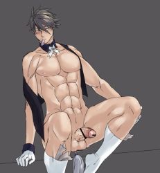 Rule 34 | 10s, 1boy, abs, akuno hideo, anal, asutarou, blush, condom, idolmaster, idolmaster side-m, male focus, male penetrated, muscular, pectorals, sex toy, sitting, socks, solo