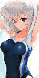 Rule 34 | 1girl, anastasia (idolmaster), armpits, arms behind head, arms up, ashita (2010), bare shoulders, blue eyes, blue one-piece swimsuit, breasts, closed mouth, collarbone, eyelashes, hair between eyes, highres, idolmaster, idolmaster cinderella girls, looking at viewer, medium breasts, one-piece swimsuit, short hair, silver hair, smile, solo, swimsuit, wet