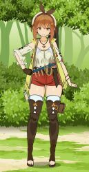 Rule 34 | 1girl, atelier (series), atelier ryza, atelier ryza 1, belt, bonnet, boots, bottle, bracelet, breasts, brown belt, brown eyes, brown gloves, brown hair, detached sleeves, flask, full body, gloves, high heel boots, high heels, highres, jacket, jewelry, kisekae, leather belt, medium breasts, necklace, nomelet01, red shorts, reisalin stout, round-bottom flask, self-upload, short hair, short shorts, shorts, single glove, sleeveless, sleeveless jacket, solo, tank top, thigh boots, thighhighs, torn clothes, torn sleeves, vial, white footwear, white headwear, yellow jacket, zettai ryouiki