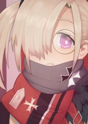 Rule 34 | 1girl, blonde hair, blush, cross, eyebrows, freckles, girls&#039; frontline, glasses, gloves, hair over one eye, highres, hk21 (girls&#039; frontline), iron cross, jacy, looking at viewer, partially fingerless gloves, purple eyes, round eyewear, short hair, short twintails, solo, twintails, upper body