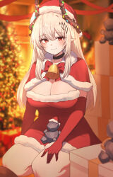 1girl absurdres alternate_costume arknights bell black_horns blurry blurry_background blush box capelet christmas_tree closed_mouth commentary demon_girl demon_horns dress elbow_gloves fur-trimmed_capelet fur-trimmed_dress fur_trim gift gift_box gloves hat highres horns hyeroin infection_monitor_(arknights) jingle_bell long_hair looking_at_viewer material_growth merry_christmas mudrock_(arknights) oripathy_lesion_(arknights) pointy_ears red_capelet red_dress red_gloves red_hat rock santa_costume santa_dress santa_hat smile solo