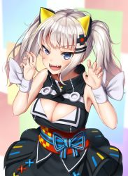Rule 34 | 1girl, black dress, blue eyes, breasts, claw pose, cleavage, cleavage cutout, clothing cutout, dress, hair ornament, highres, kaguya luna, large breasts, obi, open mouth, plus sign, ribbon, sash, silver hair, sleeveless, sleeveless dress, solo, superpig, the moon studio, twintails, virtual youtuber, white ribbon, wrist ribbon, x hair ornament