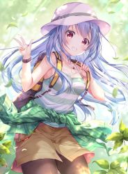 Rule 34 | 1girl, absurdres, aoba project, aoba rena, backpack, bag, blue hair, breasts, brown legwear, brown skirt, cleavage, clothes around waist, collarbone, commentary request, forest, green jacket, grin, hat, highres, jacket, jacket around waist, leaf, light rays, looking at viewer, nature, orange eyes, outdoors, plaid, plaid jacket, sakura moyon, skirt, small breasts, smile, standing, striped tank top, sunlight, tank top, v, watch, white hat, wristwatch