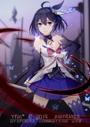 Rule 34 | 1girl, bare shoulders, blue butterfly, blue eyes, blue hair, breasts, bug, butterfly, cleavage, dress, grin, hair between eyes, hair ornament, holding, holding weapon, honkai (series), honkai impact 3rd, insect, looking at viewer, open clothes, purple sleeves, purple thighhighs, scythe, sdzy97510, seele vollerei, seele vollerei (swallowtail phantasm), short hair, sleeveless, sleeveless dress, smile, solo, tattoo, teeth, thighhighs, weapon