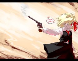 Rule 34 | 1girl, arm at side, black skirt, black vest, blonde hair, bow, collared shirt, colored eyelashes, devil may cry (series), english text, fang, fang out, gun, hair bow, handgun, highres, letterboxed, long sleeves, looking to the side, necktie, one eye closed, red eyes, red necktie, revolver, rumia, shirt, short hair, skirt, smoke, smoking barrel, solo, touhou, vest, weapon, white shirt, wind, zakozako y