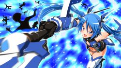 Rule 34 | &gt;:d, 1girl, :d, armor, attack, bare shoulders, battle, black gloves, blue background, blue eyes, blue hair, blush, bracer, breasts, cleavage cutout, clothing cutout, elbow gloves, faulds, floating hair, foreshortening, gloves, glowing, hair between eyes, headgear, holding, holding weapon, leotard, light particles, long hair, looking at viewer, magical girl, mecha musume, motion blur, navel, navel cutout, open mouth, ore twintail ni narimasu, outstretched arm, polearm, revealing clothes, silhouette, small breasts, smile, solo focus, spear, sword, tailblue, thighhighs, tsube aika, twintails, v-shaped eyebrows, vambraces, very long hair, weapon, white thighhighs, yuto (dialique)