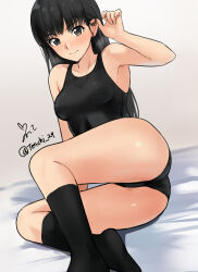 Rule 34 | 1girl, adjusting hair, amagami, armpits, ass, ayatsuji tsukasa, black hair, black one-piece swimsuit, black socks, breasts, brown eyes, commentary request, competition swimsuit, dutch angle, highres, kneehighs, medium breasts, on bed, one-piece swimsuit, signature, smile, socks, solo, swimsuit, thighs, twitter username, yoo tenchi