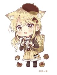 Rule 34 | 1girl, animal, animal ear fluff, animal ears, basket, beret, black footwear, black hat, black jacket, black pantyhose, blonde hair, brown shorts, chestnut, chibi, commentary request, full body, hair ornament, hat, hedgehog, highres, jacket, long hair, low twintails, open clothes, open jacket, original, pantyhose, ribbed sweater, sakura oriko, shoes, shorts, simple background, solo, standing, sweater, tilted headwear, translation request, turtleneck, turtleneck sweater, twintails, very long hair, white background, white sweater