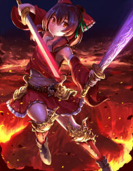 Rule 34 | 1girl, armor, armored boots, bad id, bad pixiv id, belt, boots, bow, brown hair, closed mouth, detached sleeves, dual wielding, eno (whiskeyne), hair between eyes, hair bow, hair tubes, hakurei reimu, holding, holding sword, holding weapon, looking at viewer, lava, orange eyes, ponytail, red bow, red skirt, skirt, skirt set, smile, solo, sword, touhou, vest, weapon, yin yang