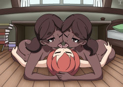 Rule 34 | 3girls, ass, ass grab, bed, book, book stack, brown eyes, brown hair, character request, closed eyes, completely nude, curtains, dark-skinned female, dark skin, earrings, fff threesome, french kiss, group kiss, group sex, indoors, interracial, jewelry, kiss, little witch academia, long hair, lying, multiple girls, nude, on back, on floor, one eye closed, pillow, red hair, saliva, short hair, source request, tagme, threesome, tongue, tongue out, tony x play, trigger (company), triple kiss, window, wooden floor, yuri
