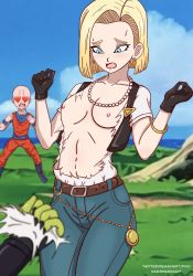 Rule 34 | 1girl, 2boys, android 18, belt, black gloves, blonde hair, blue eyes, blush, breasts, cell (dragon ball), day, denim, dragonball z, embarrassed, gloves, heart, heart-shaped pupils, highres, jeans, jewelry, kuririn, multiple boys, nashdnash2007, navel, necklace, nipples, pants, pearl necklace, shiny skin, symbol-shaped pupils, torn clothes, vest, wardrobe malfunction