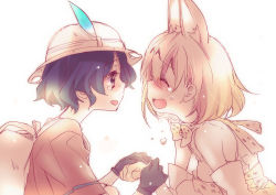 Rule 34 | 2girls, animal ears, backpack, bag, black hair, blonde hair, blue eyes, blush, bow, bowtie, cat ears, crying, crying with eyes open, elbow gloves, closed eyes, feathers, gloves, half gloves, hat, holding hands, kaban (kemono friends), kemono friends, mei (abliss), multiple girls, open mouth, serval (kemono friends), short hair, tears