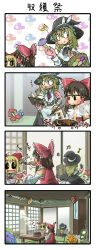 Rule 34 | 3girls, 4koma, ahoge, apron, ascot, backpack, bag, black dress, black sclera, blonde hair, blush, book, bow, bowl, braid, brown hair, cabinet, capelet, chamaji, chopsticks, colored sclera, comic, commentary request, cooking, cuffs, detached sleeves, dress, eating, fang, frills, fungus, grill, grilling, hair between eyes, hair bow, hair tubes, hakurei reimu, hat, hat bow, highres, horn ornament, horn ribbon, horns, ibuki suika, kirisame marisa, long hair, long sleeves, messy hair, multiple girls, mushroom, musical note, neck ribbon, nontraditional miko, o o, open mouth, orange eyes, ribbon, rice, rice bowl, shackles, shouji, single braid, sitting, skirt, skirt set, sliding doors, smoke, socks, solid oval eyes, table, tatami, torn clothes, torn sleeves, touhou, translation request, wide sleeves, witch hat