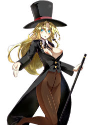 Rule 34 | 1girl, blonde hair, blue eyes, blush, breasts, cane, crotch seam, detached collar, hat, high heels, large breasts, long hair, magician, namuya, nipples, open mouth, original, pantyhose, solo, tailcoat, top hat