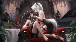 Rule 34 | 2girls, absurdres, alternate costume, alternate hairstyle, animal ears, arknights, bare legs, bare shoulders, barefoot, black dress, blue flower, cello, chandelier, clothing cutout, couch, cup, dress, drinking glass, face grab, flower, hair ornament, hairclip, highres, indoors, infection monitor (arknights), instrument, lappland (arknights), ling dianxia, multiple girls, plant, ponytail, potted plant, scar, scar across eye, sitting, sleeveless, sleeveless dress, soles, spaghetti strap, tail, tail through clothes, texas (arknights), thigh strap, toes, white hair, wine glass, wolf ears, wolf tail, yellow eyes