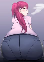 Rule 34 | 1girl, aged up, artist request, ass, blush, cigarette, earrings, from behind, highres, huge ass, jewelry, long hair, looking at viewer, looking back, love live!, love live! sunshine!!, open mouth, pants, red hair, sakurauchi riko, side ponytail, sitting, smoking, solo, tongue, tongue out, yellow eyes