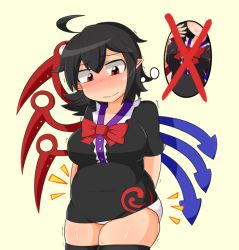 Rule 34 | 1girl, ahoge, asymmetrical wings, belly, black dress, black hair, black thighhighs, blush, breasts, dress, fat, female focus, frown, full-face blush, houjuu nue, large breasts, looking down, manorea, panties, plump, red eyes, sad, short hair, simple background, solo, tears, thick thighs, thighhighs, thighs, thinking, touhou, trembling, undersized clothes, underwear, wavy mouth, weight conscious, white panties, wings