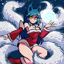 Rule 34 | 1girl, :&lt;, ahri (league of legends), akairiot, animal ears, black hair, breasts, cleavage, detached sleeves, energy ball, facial mark, fox ears, fox tail, korean clothes, league of legends, long hair, medium breasts, multiple tails, slit pupils, solo, tail, whisker markings, yellow eyes