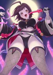 Rule 34 | 1girl, absurdres, ahoge, backlighting, bandaged hand, bare shoulders, black jacket, black panties, black shirt, blue sky, blurry, blurry background, blush, breasts, brown hair, crop top, dagger, diamond-shaped pupils, diamond (shape), dine (world flipper), fangs, female focus, fishnet thighhighs, fishnets, from below, full moon, glowing, gluteal fold, grey thighhighs, hands up, happy, highres, holding, holding dagger, holding knife, holding weapon, jacket, knife, large breasts, legs apart, looking at viewer, looking down, moon, nail polish, navel, night, off shoulder, open clothes, open jacket, open mouth, outdoors, panties, pantyshot, purple nails, red eyes, shirt, short hair, sidelocks, skindentation, sky, sleeveless, sleeveless shirt, smile, solo, standing, symbol-shaped pupils, taotao, tentacles, thighhighs, thighs, tongue, tongue out, two-sided fabric, two-sided jacket, underwear, upskirt, weapon, wide-eyed, world flipper