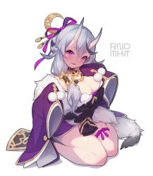 Rule 34 | 1girl, absurdres, bad id, bad twitter id, blush, breasts, cleavage, crescent, crescent hair ornament, fang, fur trim, hair between eyes, hair ornament, highres, horns, japanese clothes, large breasts, long hair, long sleeves, looking at viewer, mole, mole on thigh, mole under mouth, nijisanji, obi, oni, open mouth, pointy ears, pom pom (clothes), purple eyes, rindou mikoto, sash, sitting, skin-covered horns, skin fang, sleeves past fingers, sleeves past wrists, smile, solo, tewo (tewowet), thick eyebrows, thighs, virtual youtuber, wariza, wide sleeves