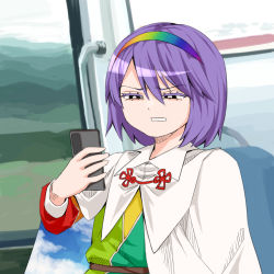 Rule 34 | 1girl, black eyes, cape, cellphone, colored eyelashes, commentary request, disgust, hairband, holding, holding phone, multicolored clothes, multicolored hairband, patchwork clothes, phone, purple hair, rainbow gradient, short hair, sky print, smartphone, solo, tenkyuu chimata, touhou, yazato ichimushi