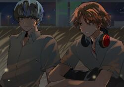 Rule 34 | 2boys, brown eyes, brown hair, closed mouth, collared shirt, crossed arms, grass, grey eyes, grey hair, grin, hair between eyes, hanamura yousuke, headphones, headphones around neck, highres, hugging own legs, knees up, light particles, looking at another, looking to the side, multiple boys, narukami yuu, night, night sky, outdoors, persona, persona 4, phexxxnol, shirt, short hair, short sleeves, side-by-side, sitting, sky, smile, spiked hair, upper body, white shirt