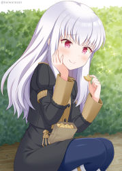 Rule 34 | 1girl, bag, black jacket, black skirt, blue pantyhose, blush, boots, closed mouth, commentary request, cookie, fire emblem, fire emblem: three houses, food, garreg mach monastery uniform, hand on own face, hand up, hedge, holding, holding food, jacket, kaiware-san, knee boots, layered sleeves, long hair, long sleeves, lysithea von ordelia, nintendo, pantyhose, paper bag, puffy short sleeves, puffy sleeves, red eyes, short over long sleeves, short sleeves, silver hair, skirt, smile, solo, sparkle, squatting, twitter username, white footwear